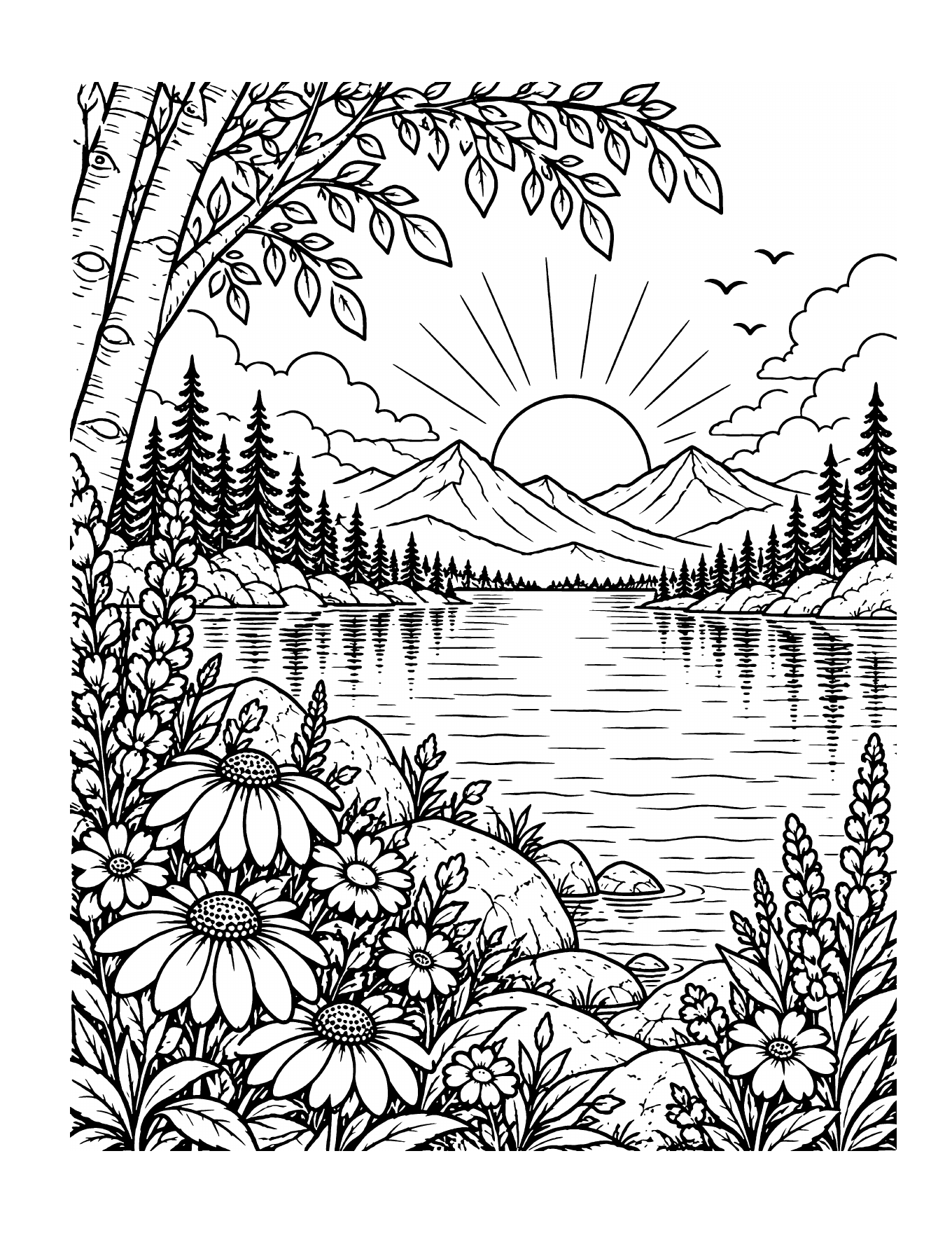 Lake sunrise coloring page from Be Real: A Feel-Good Coloring Book