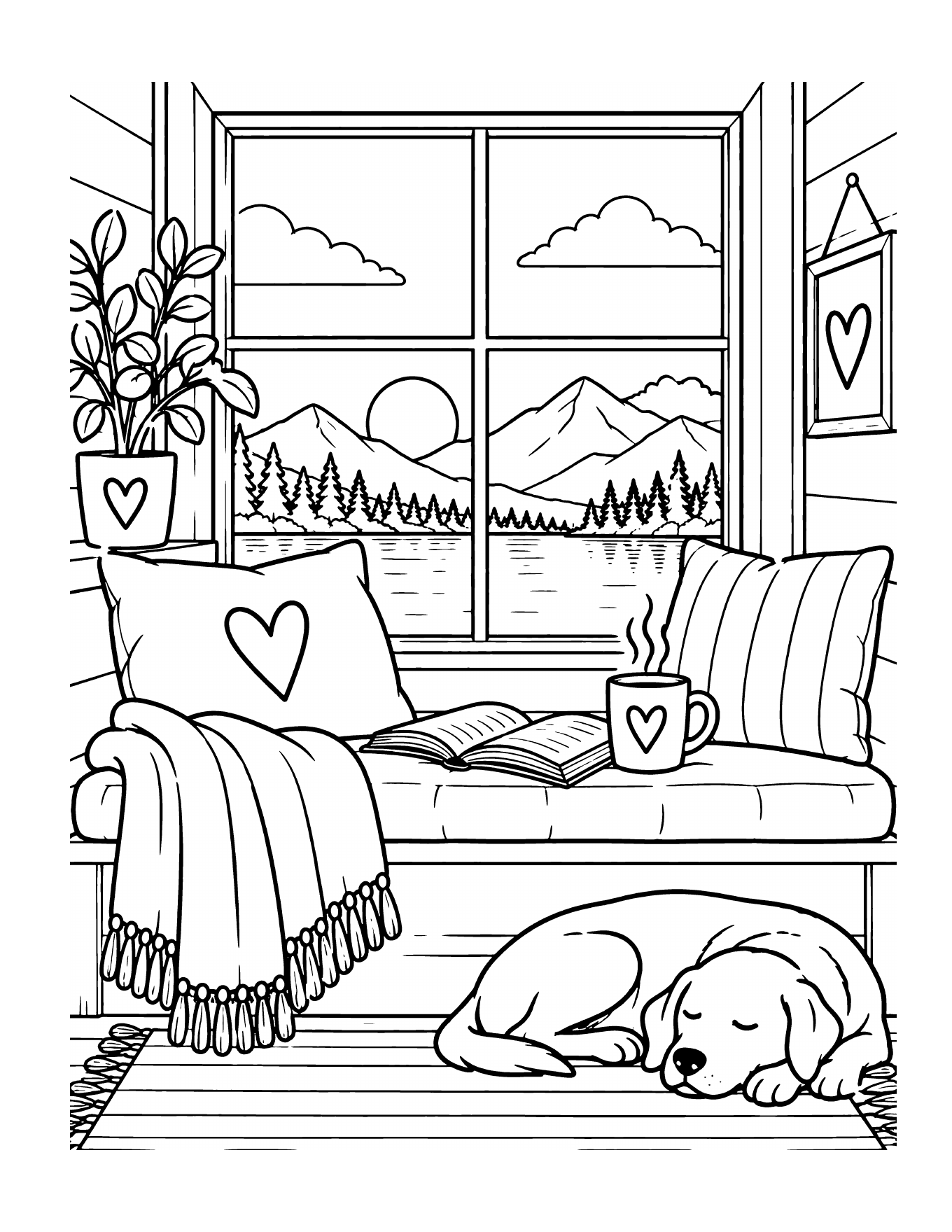 Cozy window seat coloring page with a sleeping pup from Be Real: A Feel-Good Coloring Book