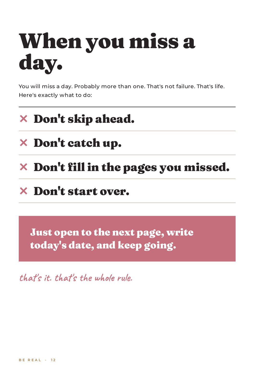 When you miss a day page from the It Fucking Counts journal