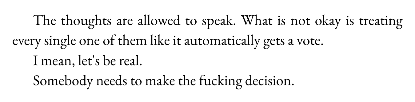 Page excerpt from Chapter Two of Be Fucking Real about the chairperson