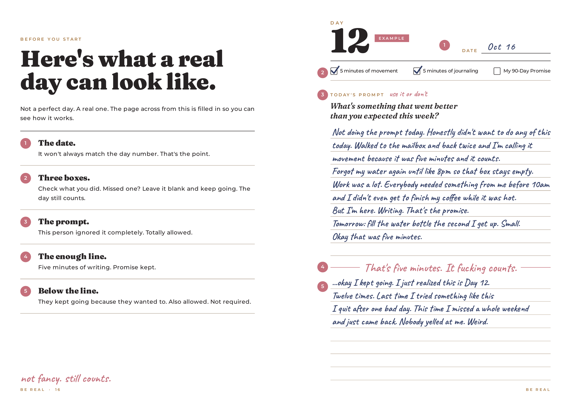 A filled-in example day from the It Fucking Counts journal