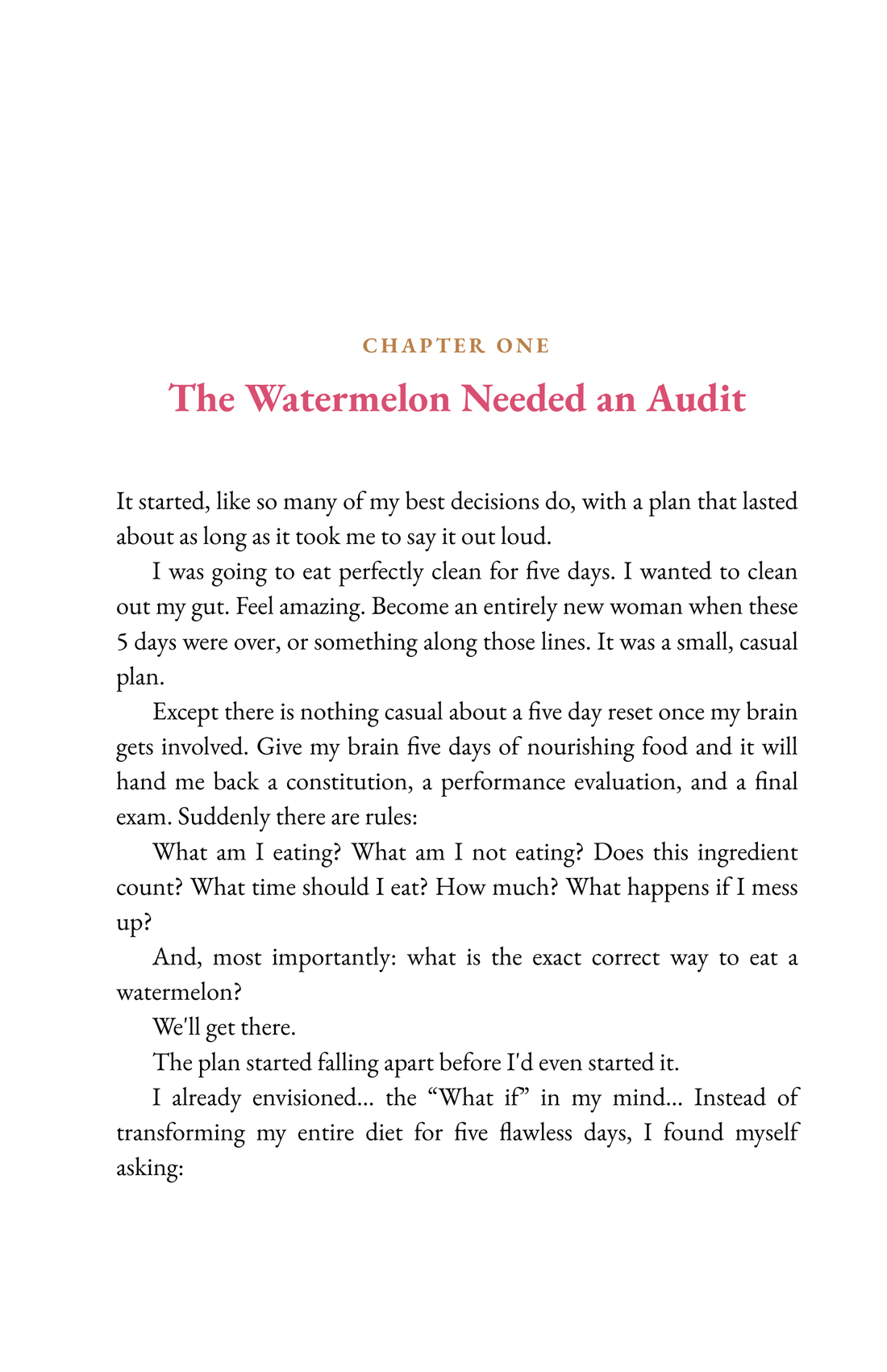 The first page of Chapter One, The Watermelon Needed an Audit, from the Be Fucking Real paperback