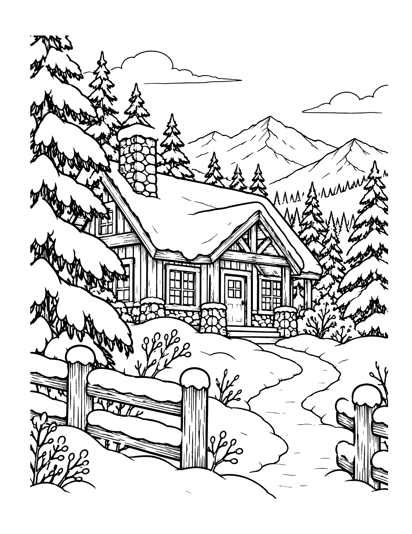 Snowy cabin coloring page from Be Real: A Feel-Good Coloring Book