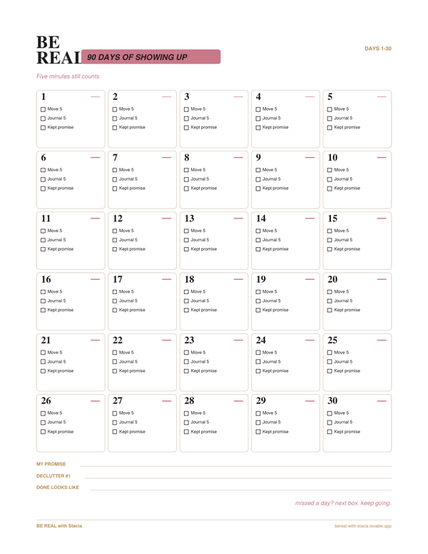 Free 90 Days of Showing Up tracker page from the Be Real journal printable